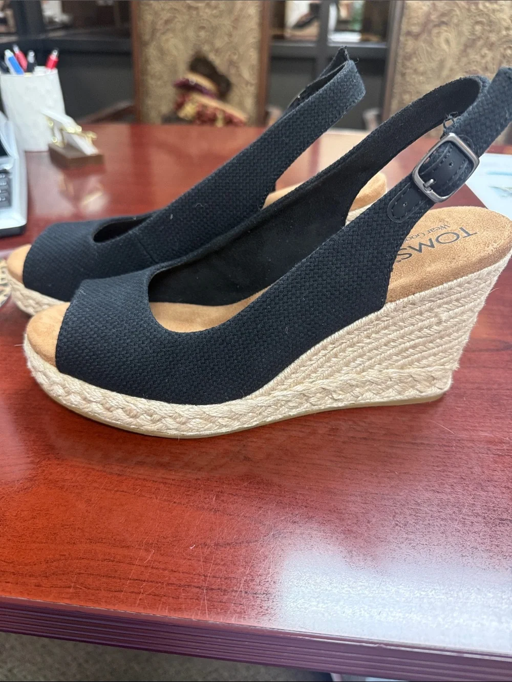 TOMS Black Open-Toe Slingback Espadrille Wedges